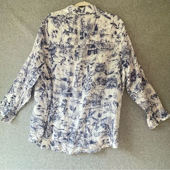 Joie Blue and White Linen Long Sleeve Blouse 2X - Picture 2 of 10